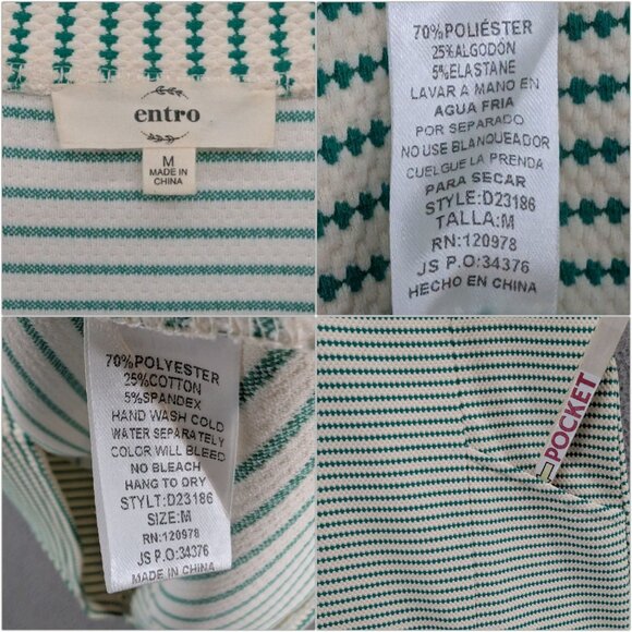 Entro Flutter Sleeve Mini Dress Green Cream Dot Striped Pockets Textured Size M - Picture 5 of 9